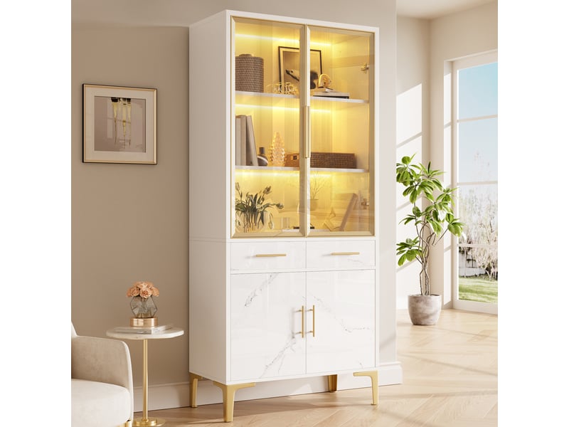 Vitrine haut de gamme blanc marbré - grand meuble de rangement salon avec éclairage led et tiroirs - Conforama C