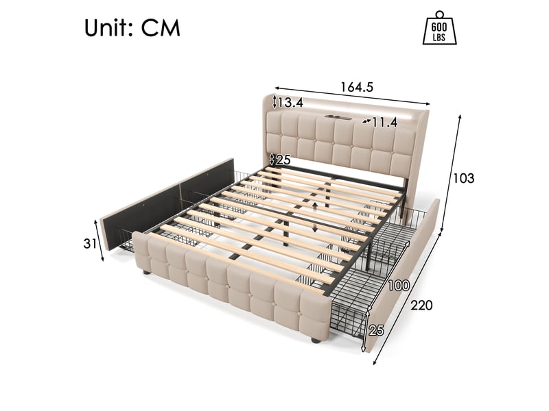  Lit rembourré 160x200 cm avec 4 tiroirs, lit adulte avec tête de lit led et prise intégrée, bois lin beige  - Conforama E
