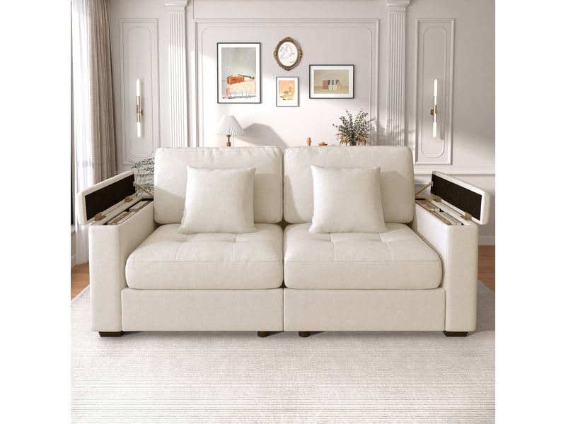 Canapé droit 2 places 180x81,5x84 cm, tissu chenille beige, rangement dans les accoudoirs, poches latérales, 2 coussins, mousse haute densité - Conforama E