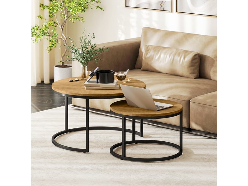  Lot de 2 tables basses gigognes | table de salon empilable plateau imitation ciment pieds en métal marron  - Conforama C
