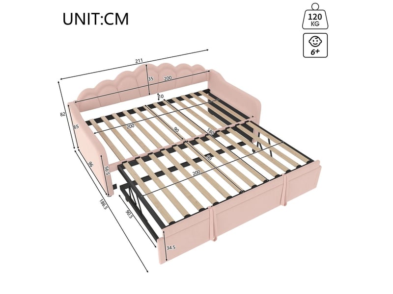  Lit gigogne 90x200 à 180x200cm - velours rose, éclairage led multicolore - lit 2 places - tête de lit ondulée, gain de place  - Conforama C