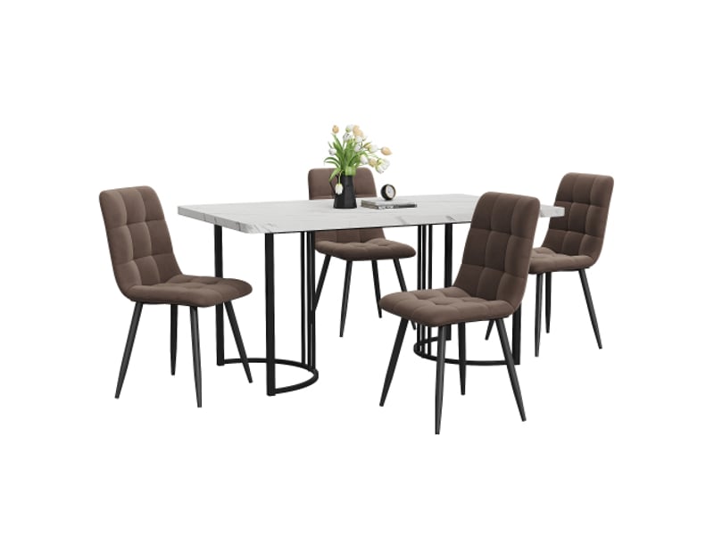  Ensemble table à manger et de 4 chaises, table de cuisine 140 × 80 cm avec pieds en métal noir, mdf, marron et blanc  - Conforama A