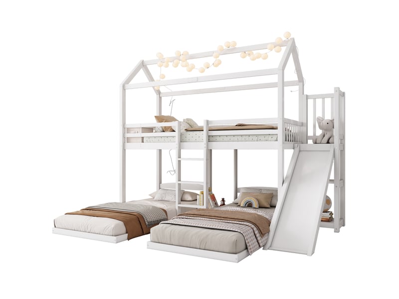  Lit superposé enfant 90x200 cm – blanc – 3 couchages, toboggan, toit et rangement – sans matelas  - Conforama A