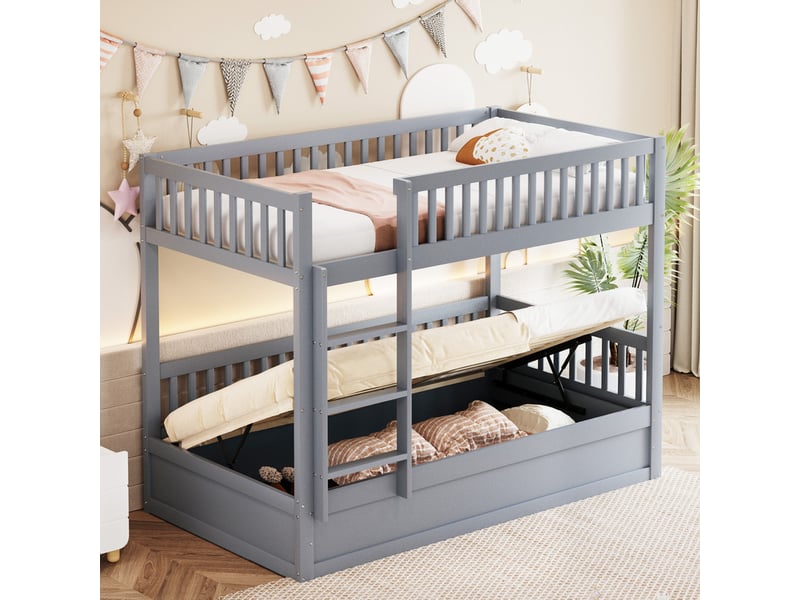  Lit mezzanine,90x200 cm,avec coffre,escalier,bois massif,gris  - Conforama D