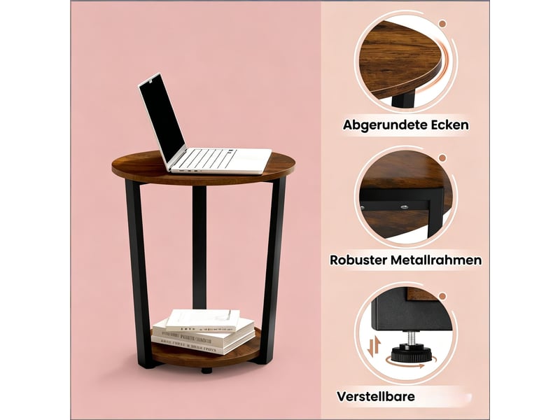  Table d'appoint ronde avec 2 étagères en bois et métal marron rustique ø50x53 cm  - Conforama E