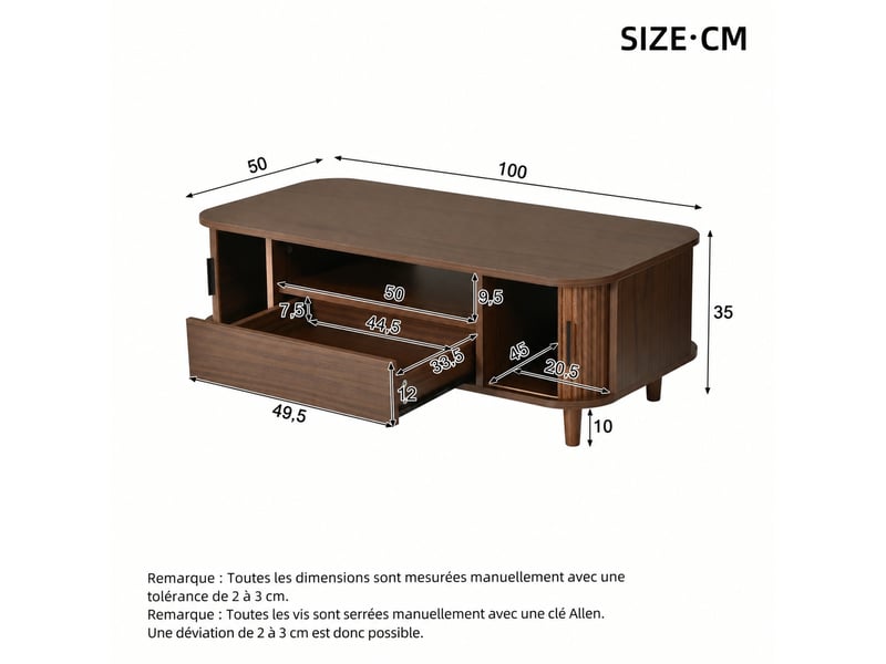  Table basse couleur noyer avec tiroir et deux portes coulissantes, niche ouverte, 100 x 50 x 35 cm  - Conforama C