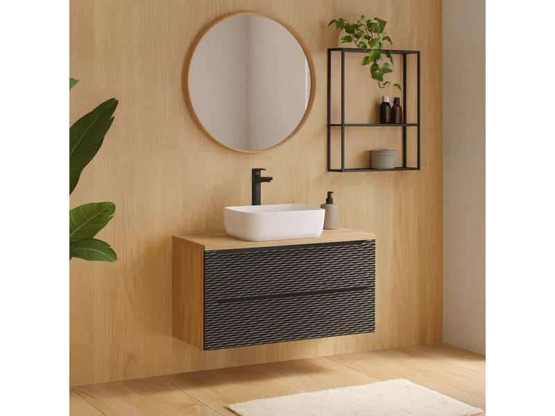 Ensemble de salle de bain yoka noir : meuble sous vasque à tiroirs 120 cm + plan vasque - Conforama B
