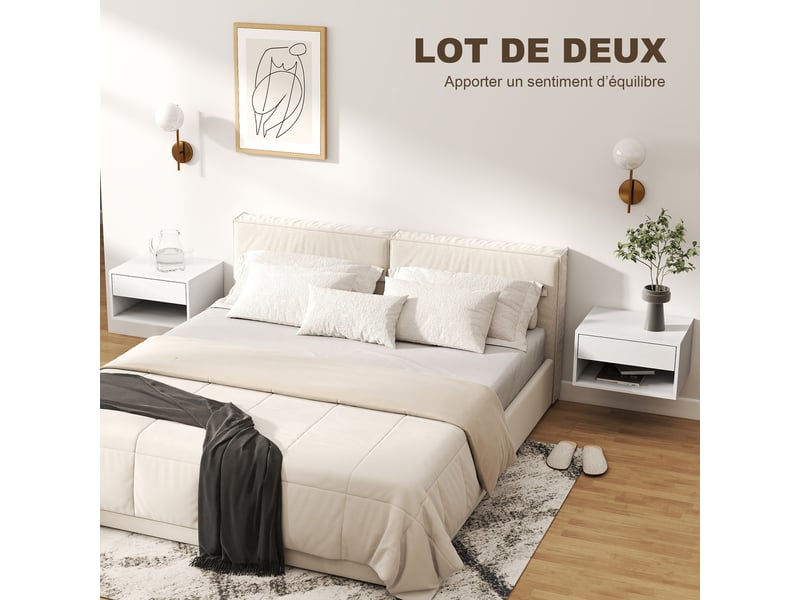  Lot de 2 tables de chevet murales, tables de nuit, tiroir, compartiment ouvert, plateau, blanc, 37 x 32 x 21 cm  - Conforama A