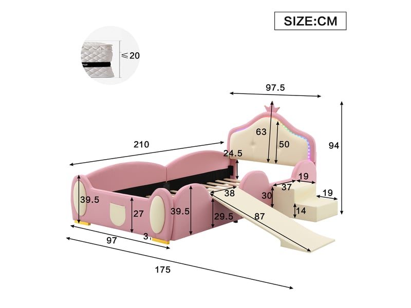  Lit enfant rembourré couronne avec toboggan et led, 90x200 cm, rose et beige  - Conforama E