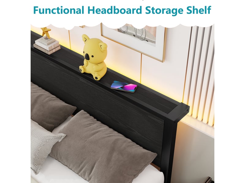 Lit double rembourré 140x200 cm avec tête de lit rangement, cadre de lit adulte avec sommier à lattes métalliques, lit double, noir - Conforama E