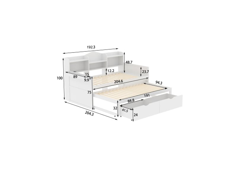  Lit gigogne 90x200 cm, avec 2 tiroirs, avec tête de lit et prise usb, en bois, blanc, sans matelas  - Conforama D