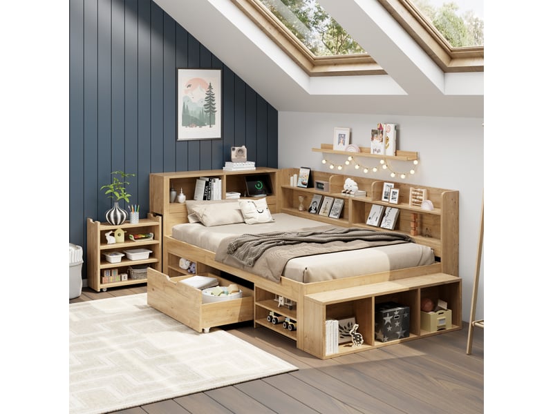  Lit enfant 90x200cm lit simple en bois avec table de chevet caché étagères de rangement tiroir charge sans fil ports usb, naturel  - Conforama C