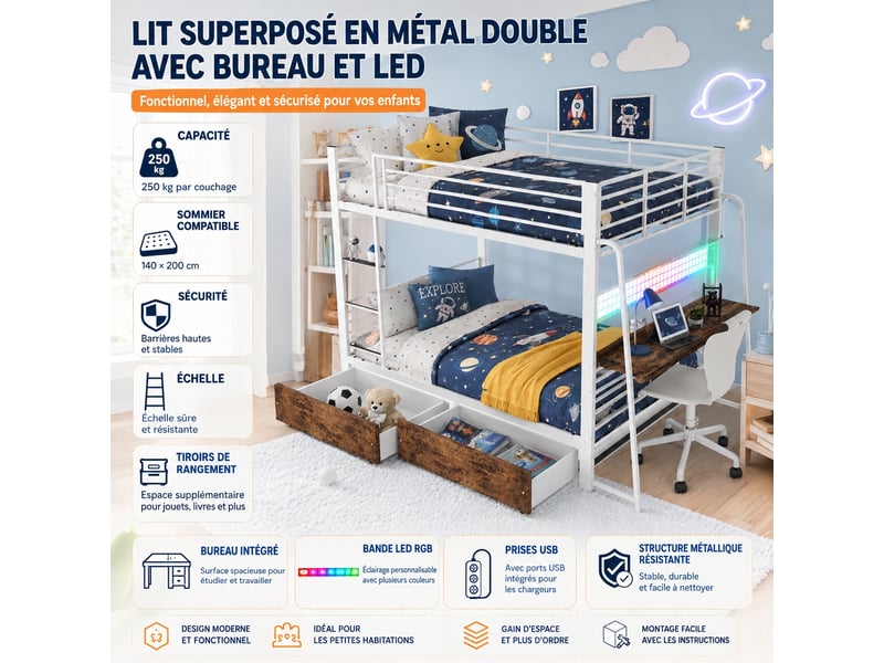  Lit superposé avec bureau 140 x 200 cm - métal blanc, 2 tiroirs, led rgb et prises usbtype-c  - Conforama R
