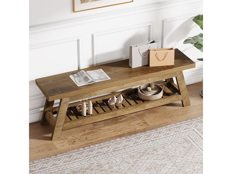  Banc à chaussures, 140 x 35 x 45 cm, banc de rangement à 2 niveaux, meuble d’entrée, organisateur à chaussures pour entrée, salle de bain, chambre, style ferme, marron rustique  - Conforama D