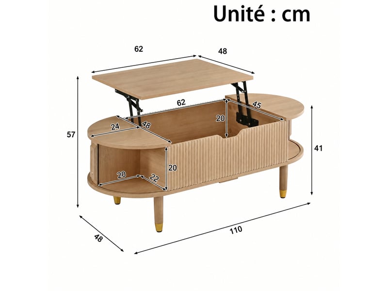  Table basse ovale relevable avec rangement, 110x48 cm, portes coulissantes nervurées, pieds en bois d'hévéa, style vintage, naturel  - Conforama C
