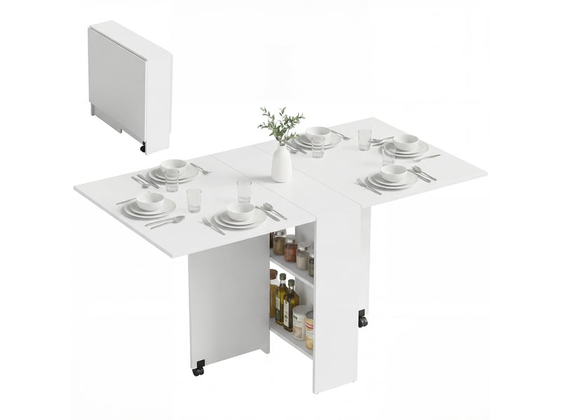  Table de salle à manger pliante à roulettes avec abattants et étagères pour 4 à 6 personnes, 75 x 140 x 74 cm, blanche  - Conforama A