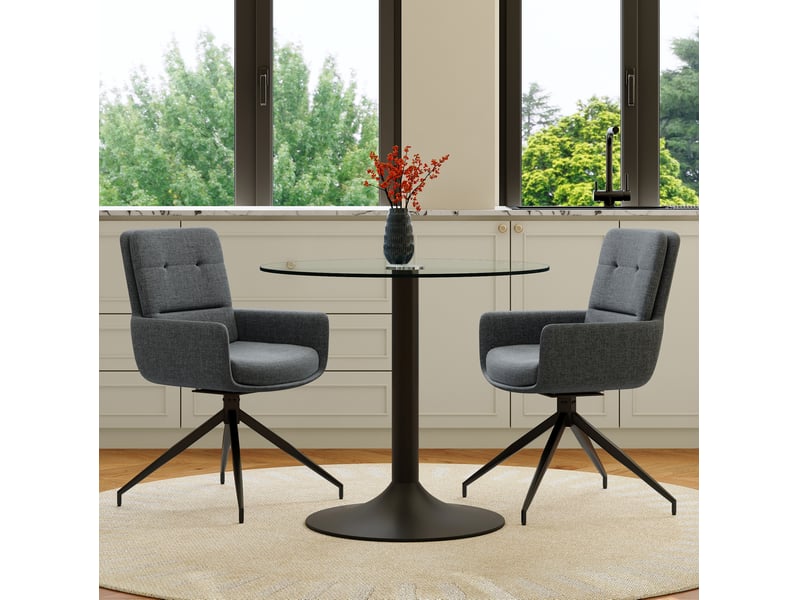 Set de table à manger rond avec chaise à rotin : table en verre trempé élégant noir métal + 2 chaises gris foncé pour 2 personnes - Conforama E