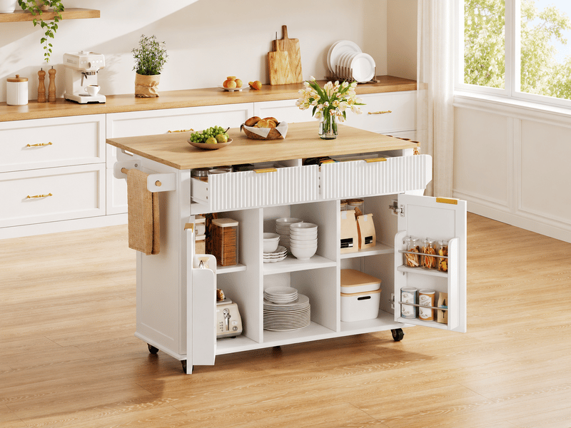  Îlot de cuisine 143 cm, plateau rabattable, 2 tiroirs, portes rainurées, rangements latéraux, roulettes, blanc et bois  - Conforama B