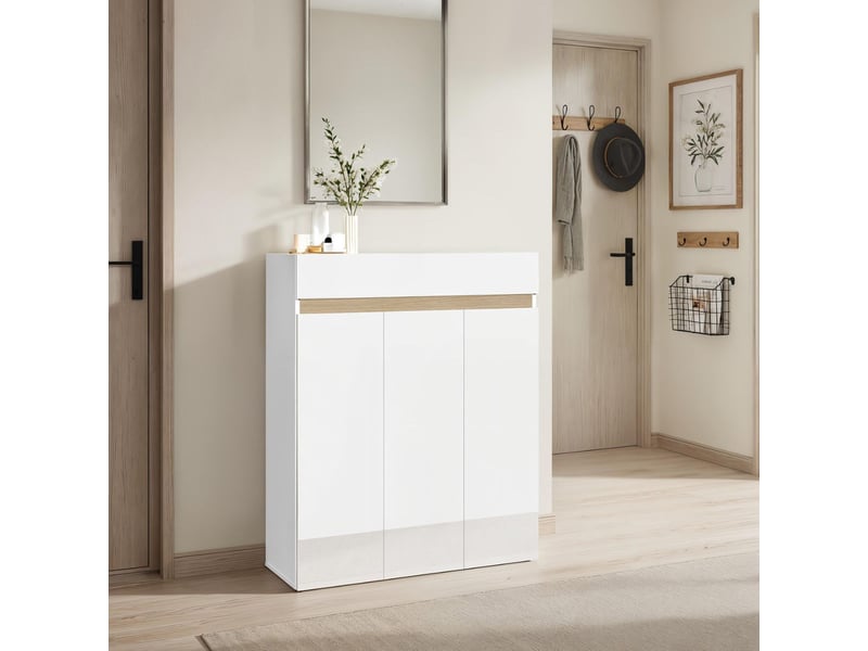 Meuble à chaussures 3 portes et 1 tiroir laqué blanc et décor bandeau aspect bois - eden  - Conforama B
