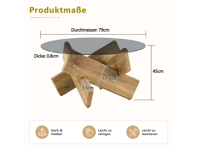  Table basse ronde ø 79 cm en verre trempé, piètement mdf effet bois, 45 cm  - Conforama C