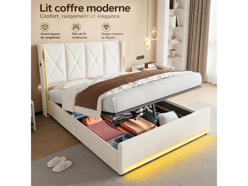  Lit coffre en velours 160 x 200 cm, tête haute capitonnée, relevage hydraulique, usb et type-c, led, beige  - Conforama D