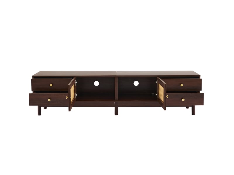  Meuble tv 180x35x44cm avec 4 tiroirs 2 portes rotin passage câbles 80 pouces panneau de particules marron  - Conforama E