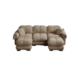 Canapé d'angle en u effet nuage 3 places, méridienne mobile, 2 coussins déco, assise matelassée, marron, sans montage