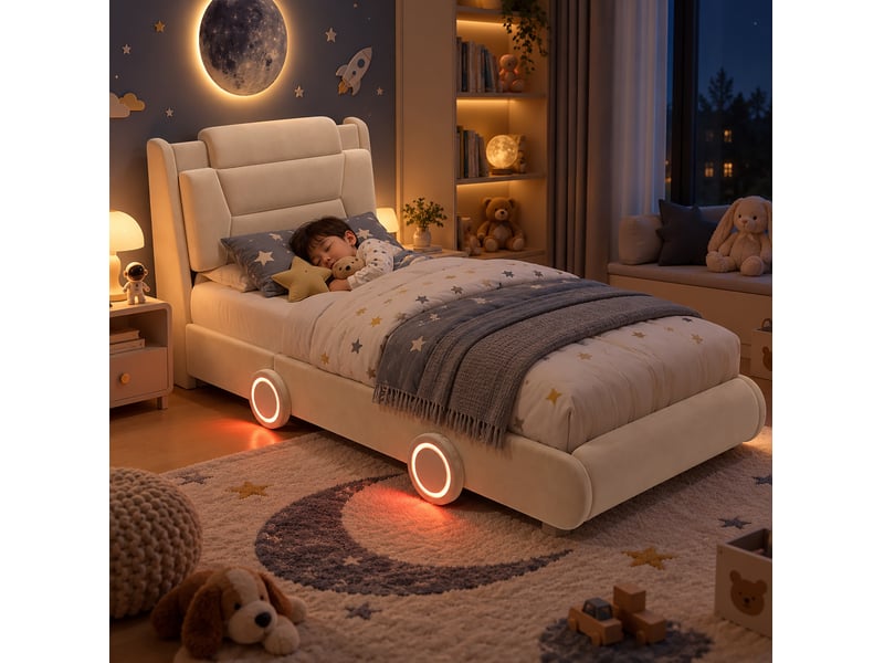  Lit enfant rembourré voiture 90x200 cm flanelle beige avec tête de lit  - Conforama D