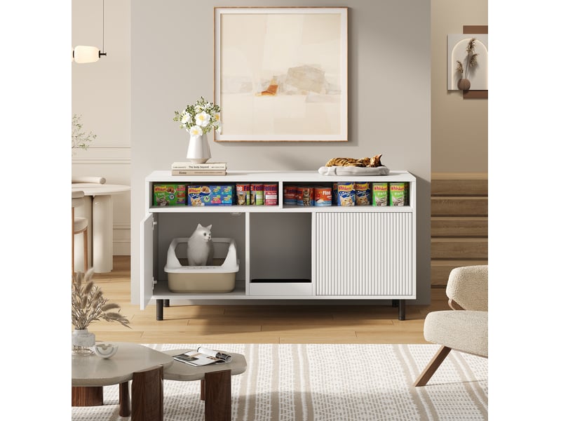  Meuble tv blanc pour litière féline 120 cm, rangement à 2 emplacements et tapis collecteur inclus, discret  - Conforama E