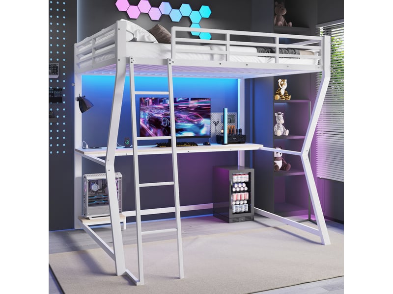  Lit mezzanine 140 x 200 cm avec bureau, led, prises usb et escalier blanc  - Conforama D