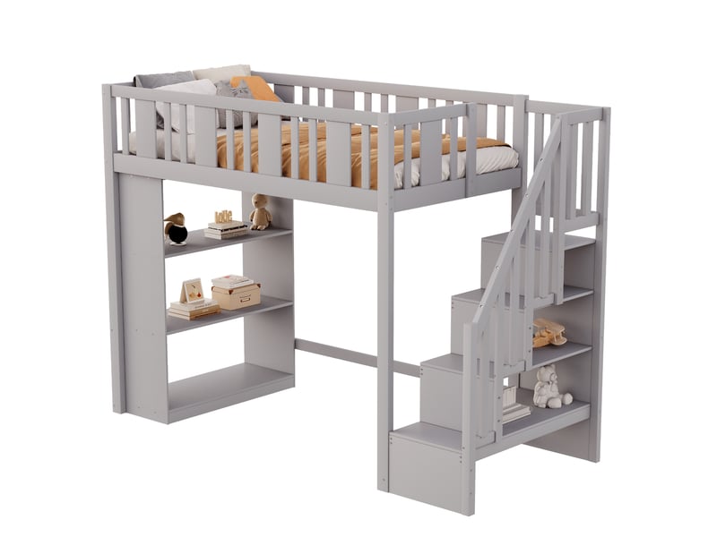 Lit mezzanine enfant 90 x 200 cm avec escalier de rangement et étagères gris - Conforama A