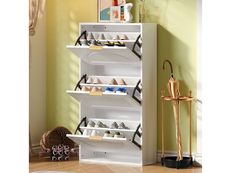  Meuble à chaussures - 60x24x114cm - meuble d'entrée étroit avec 3 abattants, séparateurs réglables, anti-basculement - blanc mat  - Conforama D
