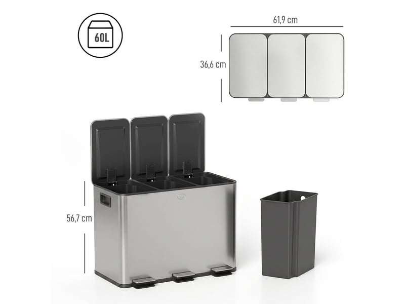  Poubelle de tri sélectif 3 x 20 l en acier argenté 61,9x36,6x56,7 cm  - Conforama C