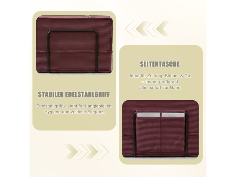 Canapé-lit double moderne en tissu – canapé 2 places, 2 coussins, pouf avec rangement, porte-boissons - Conforama D