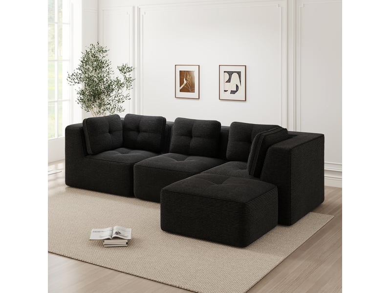  Canapé d'angle modulaire 3 places en velours côtelé noir avec ottomane  - Conforama D