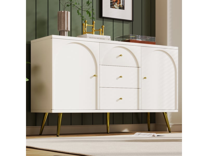  Commode 2 portes et 3 tiroirs avec étagère réglable pour chambre 140×40×84 cm crème blanc  - Conforama B