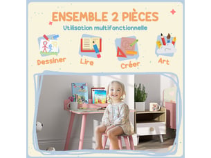 Ensemble table et chaise enfant table pour enfant avec chaise avec porte-livres motifs d'ours pour enfants 3-8 rose ans