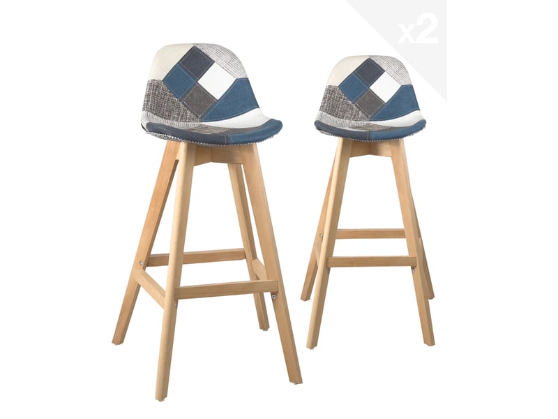  Lot de 2 chaises de bar scandinaves mali 67 cm en tissu patchwork bleu avec pieds en bois clair 469-MALI - Conforama A