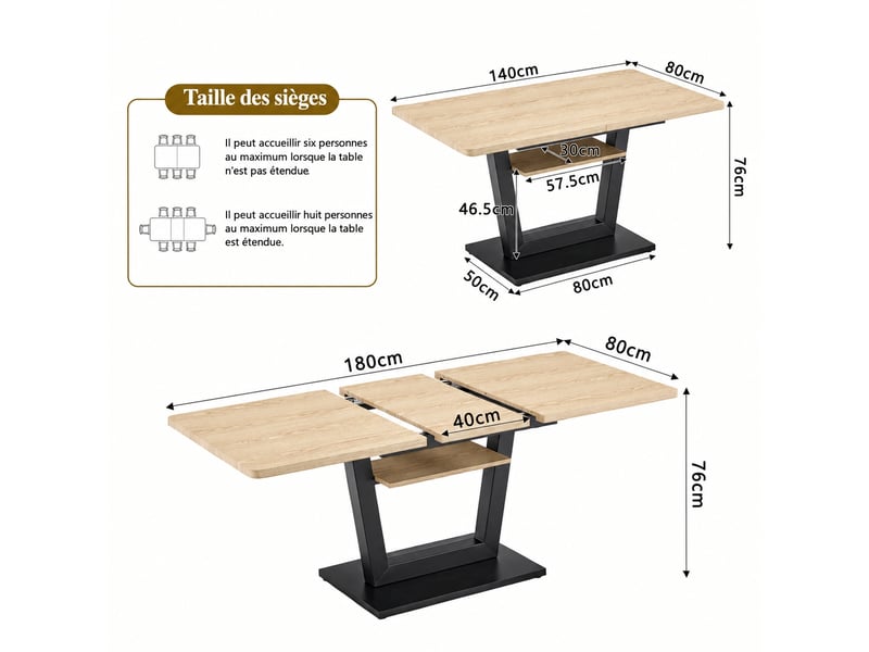  Table à manger extensible avec étagère, effet bois clair et métal noir, 140 à 180 x 80 cm  - Conforama C