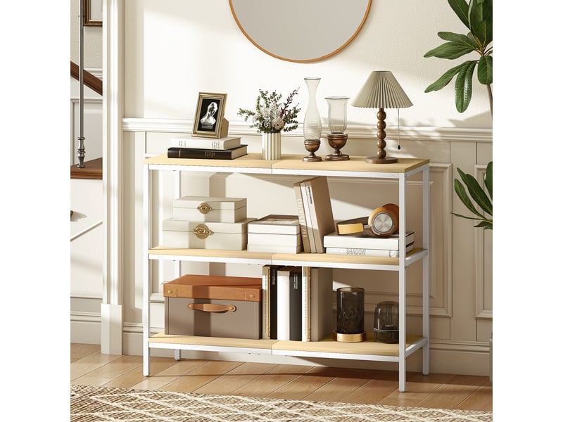  Console d'entrée avec 3 étagères ouvertes et pieds en métal, idéale pour un couloir, un salon ou une chambre. Coloris naturel et blanc.  - Conforama D