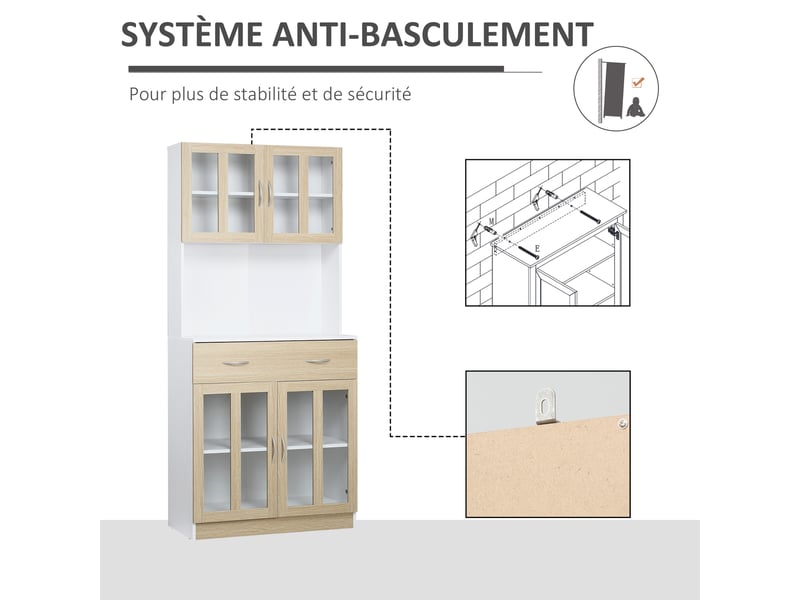  Buffet haut de cuisine armoire de cuisine multi-rangement 4 portes vitrine verre avec tiroir étagère coulissant grand plateau en bois blanc aspect chêne clair  - Conforama W