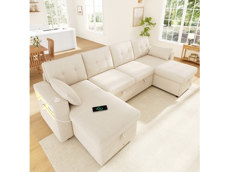 Canapé d’angle 4 places 273x131x83 cm convertible avec led, usb et rangement, en chenille couleur beige, design moderne  - Conforama B