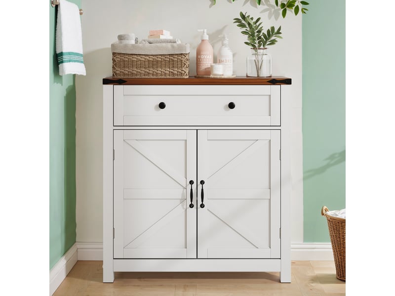  Buffet bas 76x30x83 cm avec tiroirs et étagères réglables, buffet salon en blanc, buffet de cuisine avec plans de travail en noyer  - Conforama D