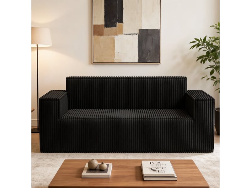 Canapé 2 places en velours côtelé, 58cm profondeur d'assise, 178x86x70cm, noir  - Conforama C