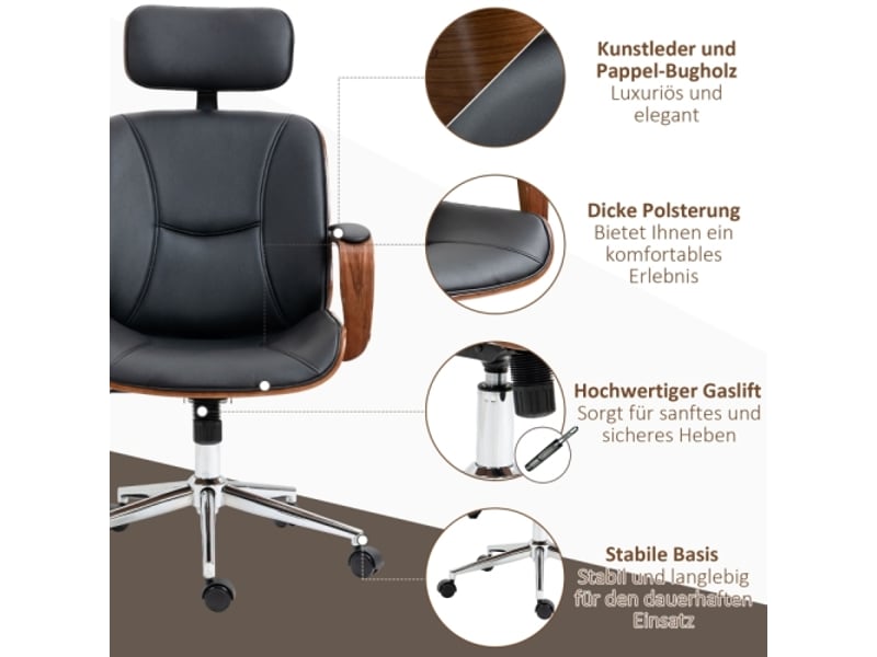 Chaise de bureau ergonomique à dossier haut, appui-tête amovible, noir, télétravail - Conforama D