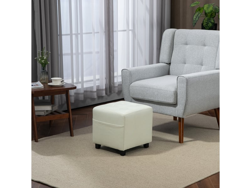  Repose pied salon, ottoman, siège rembourré capitonné en tissu aspect lin avec poche latérale, crème, 35 x 35 x 35 cm  - Conforama D