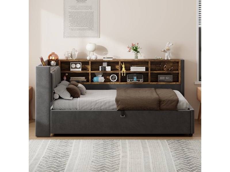  Canapé-lit avec rangement 90 x 200 cm – avec éclairage – avec ports de charge usb et type-c – avec compartiments de rangement – ​​gris foncé (matelas non inclus)  - Conforama B