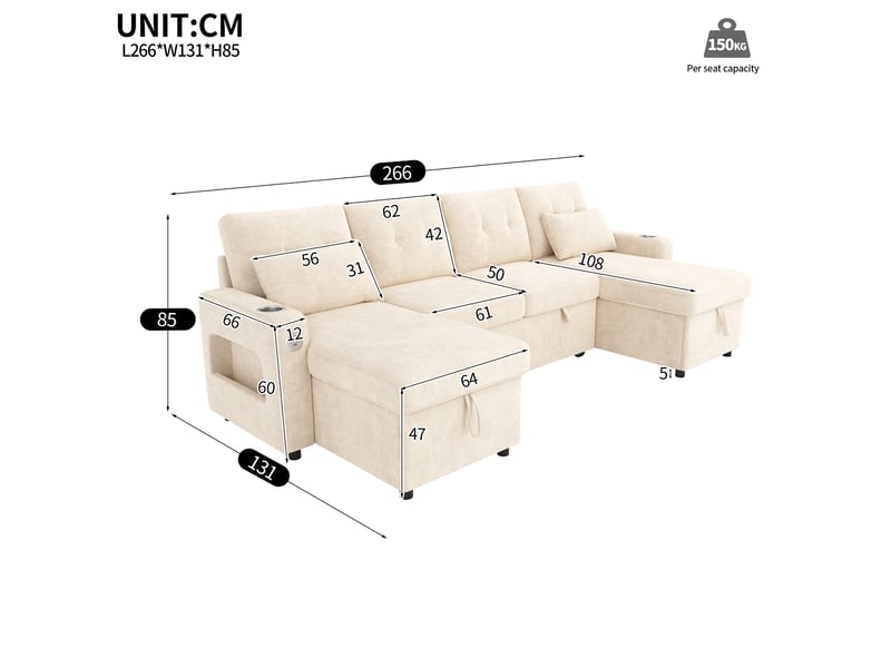 Canapé d'angle convertible 266x131x85 cm avec rangement, usb et led, beige - Conforama C
