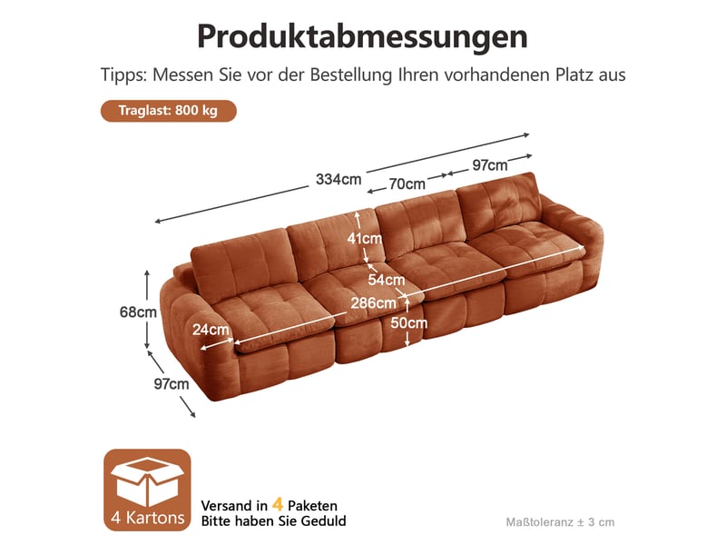  Canapé modulaire sans cadre 4 places, assise profonde et modules reconfigurables en chenille orange, 334 × 97 × 68 cm  - Conforama C