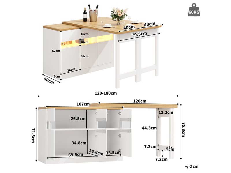  Table de bar extensible 120-180 x 40 x 71.5 cm - éclairage led - rotation 360° - espace de rangement - blanc  - Conforama C